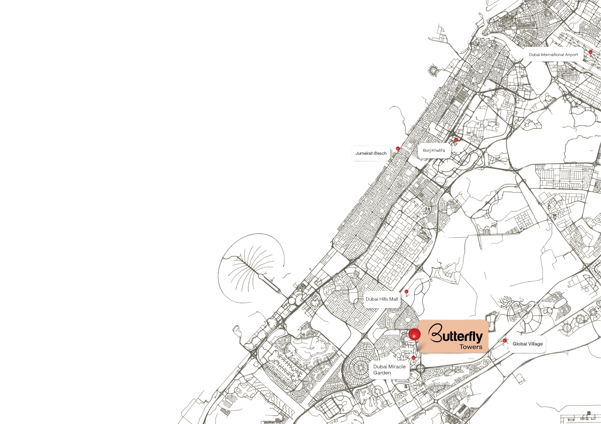 Location map of Butterfly Towers in Arjan, Dubai